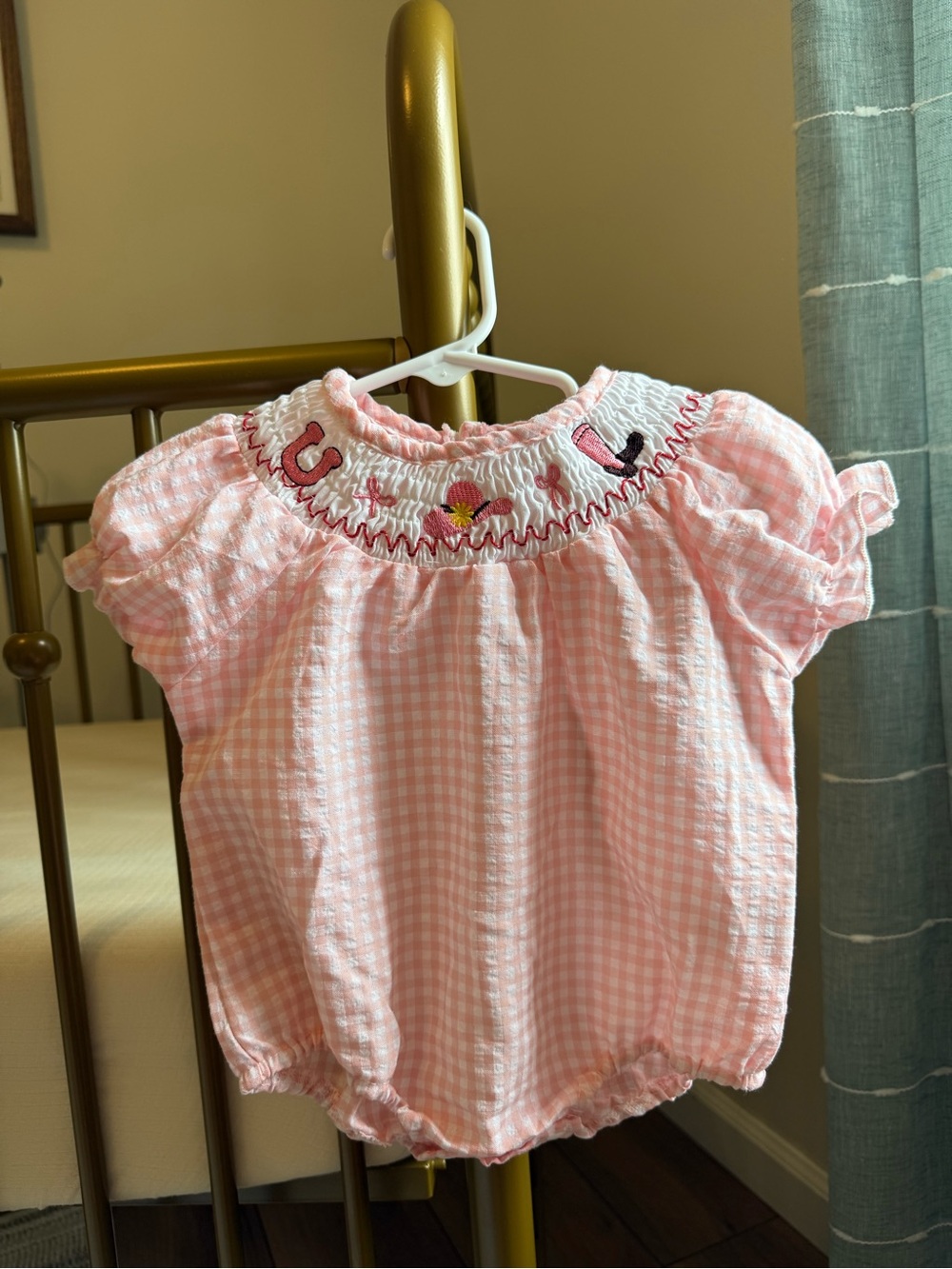 Pink Gingham Cowgirl Smocked Embroidered Bubble